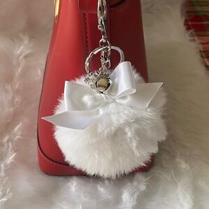 Silver Hardware White Fur Pom Pom Bag Charm